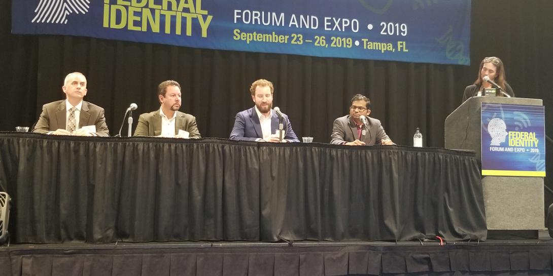 Panelists (l-r) Duane Blackburn, S&T policy analyst for The MITRE Corporation; Ralph Rodriguez, Facebook research scientist; Logan O'Shaughnessy, attorney, Privacy and Civil Liberties Oversight Board; Arun Ross, professor, Michigan State University; and moderator Stephanie Schuckers, director of the Center for Identification Technology Research at Clarkson University, discuss misperceptions about facial recognition at FedID 2019. Photo: Shaun Waterman/Signal