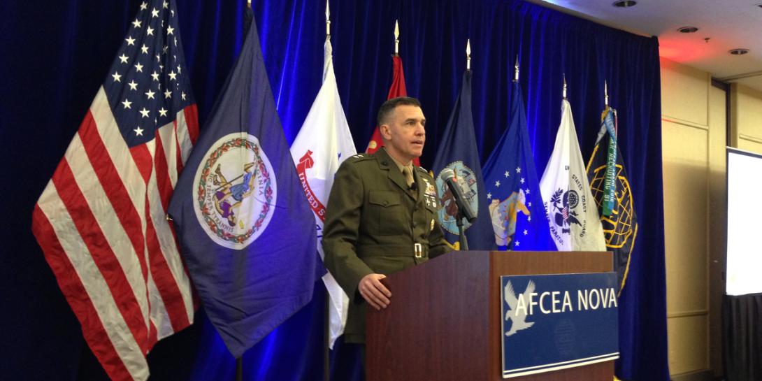 Maj. Gen. Dennis A. Crall, USMC, deputy principal cyber advisor and senior military advisor for cyber policy, describes the Defense Department's cyber organizational activities at an AFCEA NOVA Chapter luncheon on January 9.