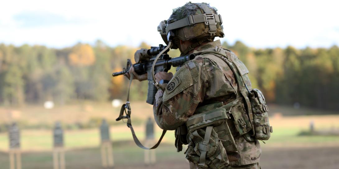 A soldier dons the prototypical Integrated Visual Augmentation System during a live fire test event at Fort Pickett, Virginia, in October 2020. The Silicon Anode Conformal Wearable Battery prototype is placed in the soldier’s back pouch. Army officials will assess two versions of the new battery during Project Convergence 2021 in October. Credit: Courtney Bacon, PEO Soldier PAO
