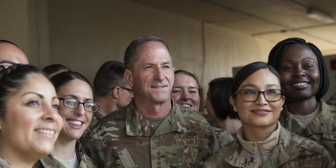 Gen. David Goldfein, USAF, chief of staff of the Air Force, pictured with U.S. Airmen at Bagram Airfield in Afghanistan in December 2018, warns of increasing posturing of Russia and China in the Arctic region. The Joint Chief spoke at the Mitchell Institute Strategic Deterrence Breakfast event on June 26. Credit: U.S. Air Force photo by Senior Airmen Kaylee Dubois.