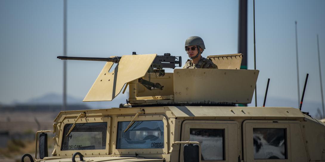 A U.S. Army soldier provides security during the Advanced Battle Management System (ABMS) exercise at Nellis Air Force Base, Nevada, Sept. 3, 2020. Staged at multiple military sites, ABMS simulated an attack on the national infrastructure testing the U.S. Department of Defense’s Joint All Domain Command and Control (JADC2) which allowed for a fast-coordinated response.  U.S. Air Force photo by Airman 1st Class Dwane R. Young