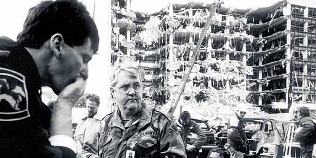 Army National Guard Chaplain Lt. Col. Henry Roberson (center) gives communion to search and rescue workers across the street from the Alfred P. Murrah Federal Building, the site of a 1995 terrorist attack caused by a fertilizer bomb. The Department of Homeland Security's Science and Technology Directorate is building a modeling tool that will help officials plan for and counter attacks at special events. Photo by Tech. Sgt. Marvin Krause, U.S. Air Force   