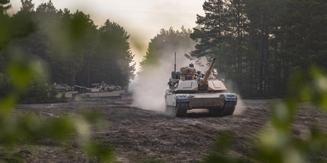 M1A2 Abrams tanks take part in a May 2019 exercise in Poland. U.S. Army officials plan a massive exercise, Defender-Europe early next year. It will be the largest of its kind in 25 years.  Photo Credit: Sgt. Thomas Mort