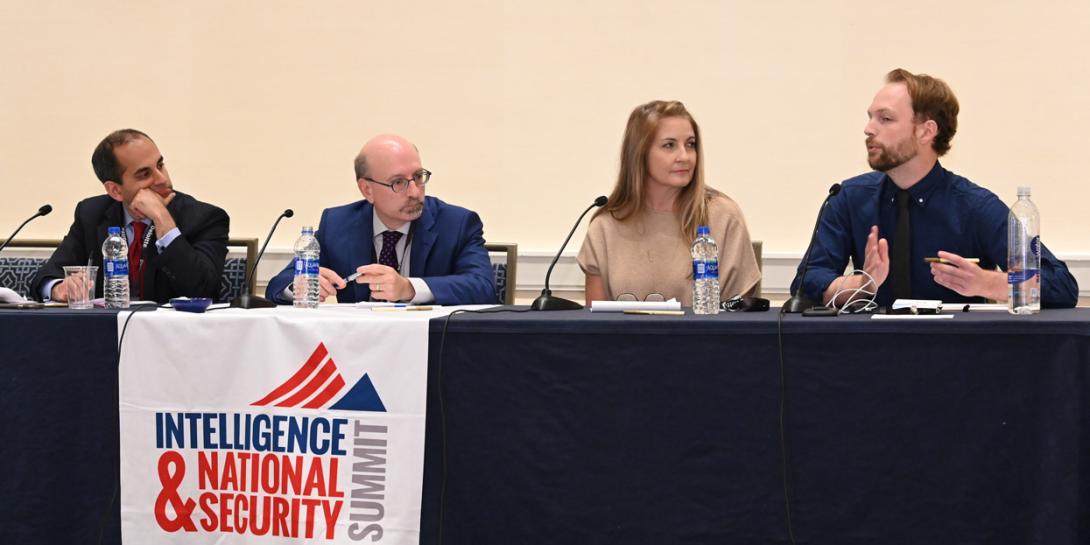  Panelists at the AFCEA/INSA Intelligence & National Security Summit discussing the hard truth about disinformation are (l-r) Sujit Raman, associate deputy attorney general, U.S. Department of Justice; Daniel Kimmage, principal deputy coordinator, Global Engagement Center, State Department; Suzanne Kelly, CEO, The Cipher Brief; and Brett Horvath, president, Guardians.ai. Credit: Herman Farrer Photography