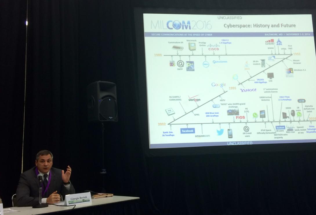 Giorgio Bertoli displays a rather recent history of the Internet during a panel discussion at MILCOM 2016.