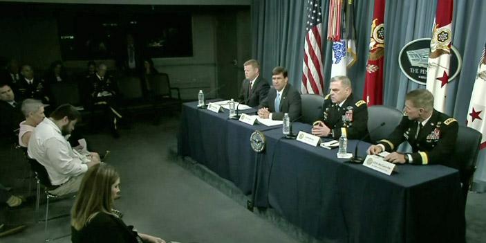 From left, Army Undersecretary Ryan D. McCarthy, Army Secretary Mark Esper, Army Chief of Staff Gen. Mark A. Milley and Army Vice Chief of Staff Gen. James McConville hold a briefing about the Army’s new Futures Command on July 13 at the Pentagon.