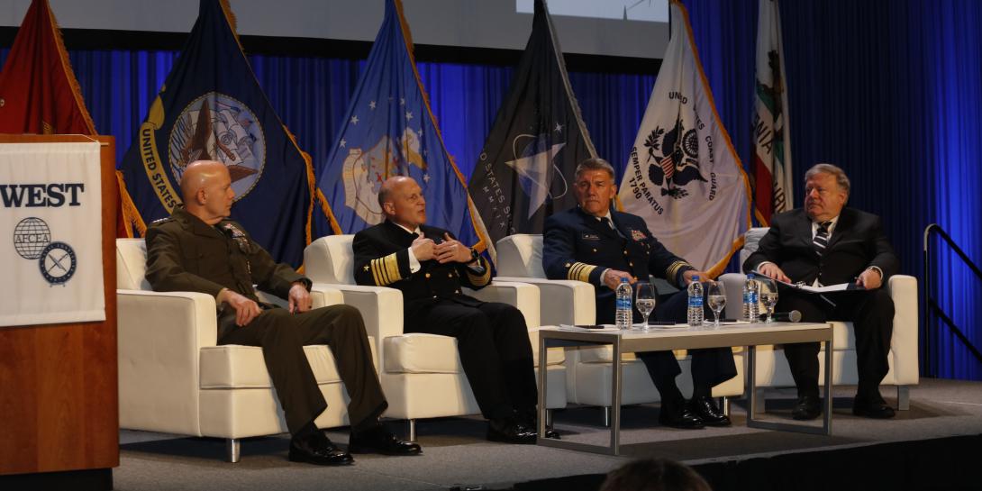 The three sea service chiefs describe their resource challenges in the final panel at WEST 2022. Photo by Michael Carpenter