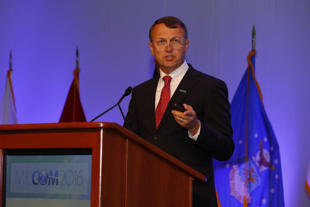 Maj. Gen. Earl Matthews, USAF, (Ret.), former director of cyberspace operations and chief information security officer for the Air Force, speaks at MILCOM 2016. Photo by Mike Carpenter 