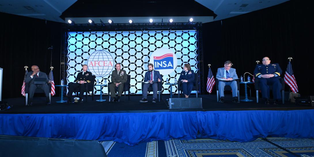 Military intelligence leaders from all the services discuss their services' needs at the 2021 Intelligence and National Security Summit. Photo by Herman Farrer