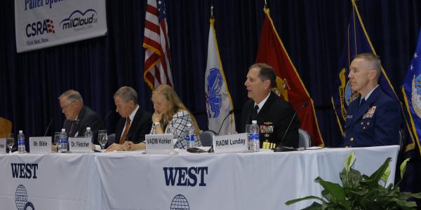 Panelists discussing the effect of technology on Navy operations are (l-r) moderator Lt. Gen. Robert Shea, USMC (Ret.), AFCEA president and CEO; Kenneth W. Bible, deputy director, C4/Deputy CIO, U.S. Marine Corps; Kelly Fletcher, acting Department of Navy CIO; Vice Adm. Matthew J. Kohler, USN, commander, Naval Information Forces; and Rear Adm. Kevin Lunday, USCG, assistant commandant, C4&IT and commander, U.S. Coast Guard Cyber Command.