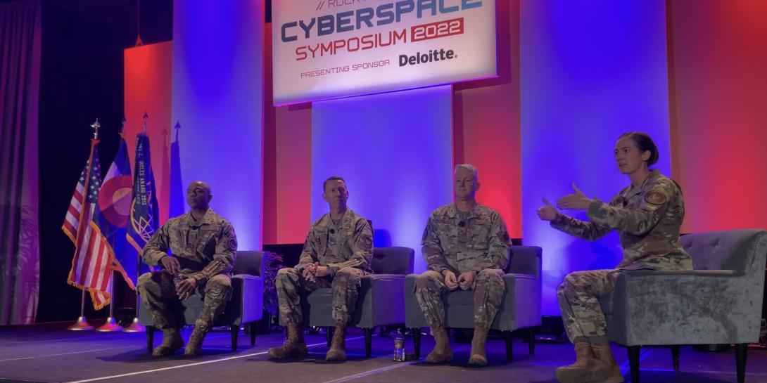Panelists discuss cyber training for the Air Force during a panel at the Rocky Mountain Cyberspace Symposium 2022.