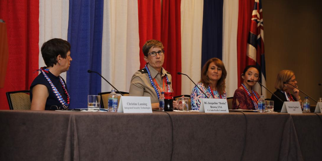 TechNet Indo-Pacific panelists discussing the future of AI and ML are (l-r) Christine Lanning, Integrated Security Technologies; Brig. Gen. Jacqueline “Denise” Brown, USA, USINDOPACOM; Michele Engelhart, GDIT; Nicole Isoda, NIWC Pacific; and Catherine Johnston, USINDOPACOM. Credit: Tony Grillo photo