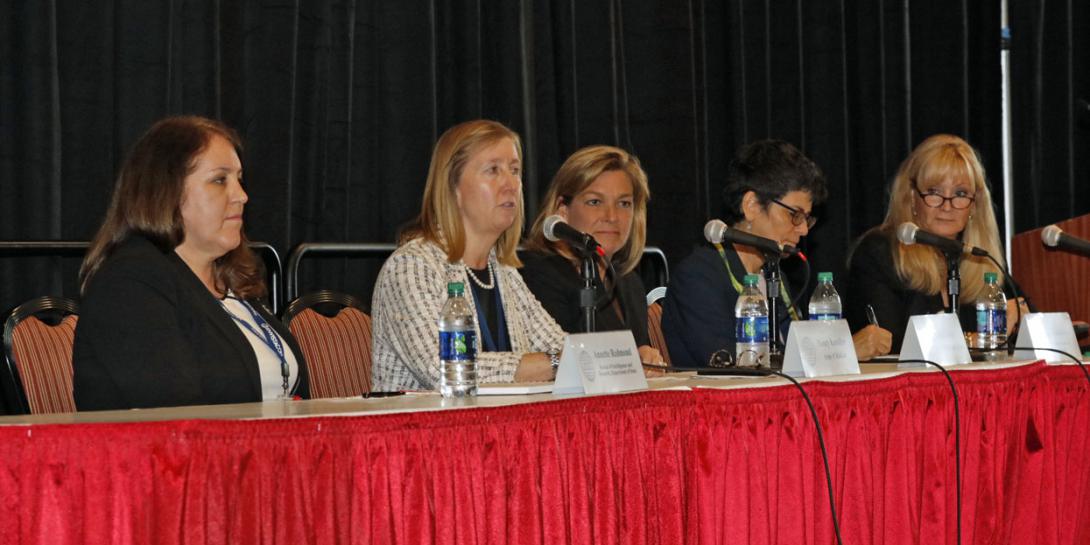 The AFCEA Women’s program convened a panel of cyber experts that included (r-l) moderator Col. Laurie Moe Buckhout, USA (Ret.), Corvus Group LLC; Gisele Bennett, Florida Institute of Technology;  DeEtte Gray, CACI International Inc.; Nancy Kreidler, director, cybersecurity and information, assurance, Army CIO/G-6; and Annette Redmond, acting deputy assistant secretary for intelligence policy and coordination, Bureau of Intelligence and Research, Department of State. Photo by Michael Carpenter