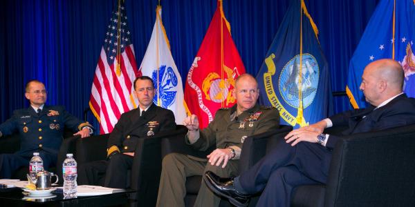 Adm. James G. Stavridis, USN (Ret.), dean of The Fletcher School of Law and Diplomacy at Tufts University and former NATO supreme allied commander Europe (r), hosts a luncheon town hall with (2nd from r-l) Gen. Robert B. Neller, USMC, commandant, U.S. Marine Corps; Adm. Richardson; and Vice Adm. Charles D. Michel, USCG, vice commandant, U.S. Coast Guard.
