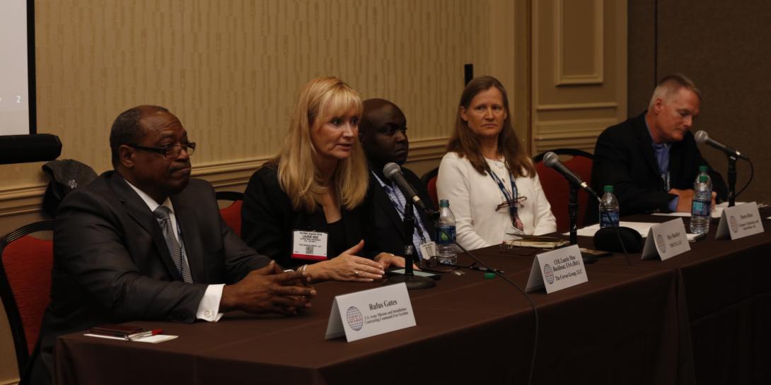 Small business experts discuss techniques to develop good partnerships during a small business panel at AFCEA TechNet Augusta. Moderating was (r) Brian Moore of EWA Government Systems. Panelists were (l-r) Rufus Gates, U.S Army Mission and Installation Contracting Command; Col. Laurie Moe Buckhout, USA (Ret.), president and CEO, The Corvus Group; Roy Rucker Sr., CEO and founder, TRECIG LLC; and Dawn Ross, chief information officer, Grimmer Technology and Operations. Photo by Michael Carpenter