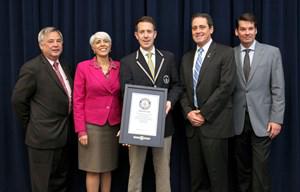 Northrop Grumman Corporation and DARPA are recognized by Guinness World Records for developing the world's fastest integrated circuit amplifier and reaching an operating speed of 1 terahertz. Pictured from l-r are Dale Burton, Arati Prabhakar, Philip Robertson, Dev Palmer and William Deal.